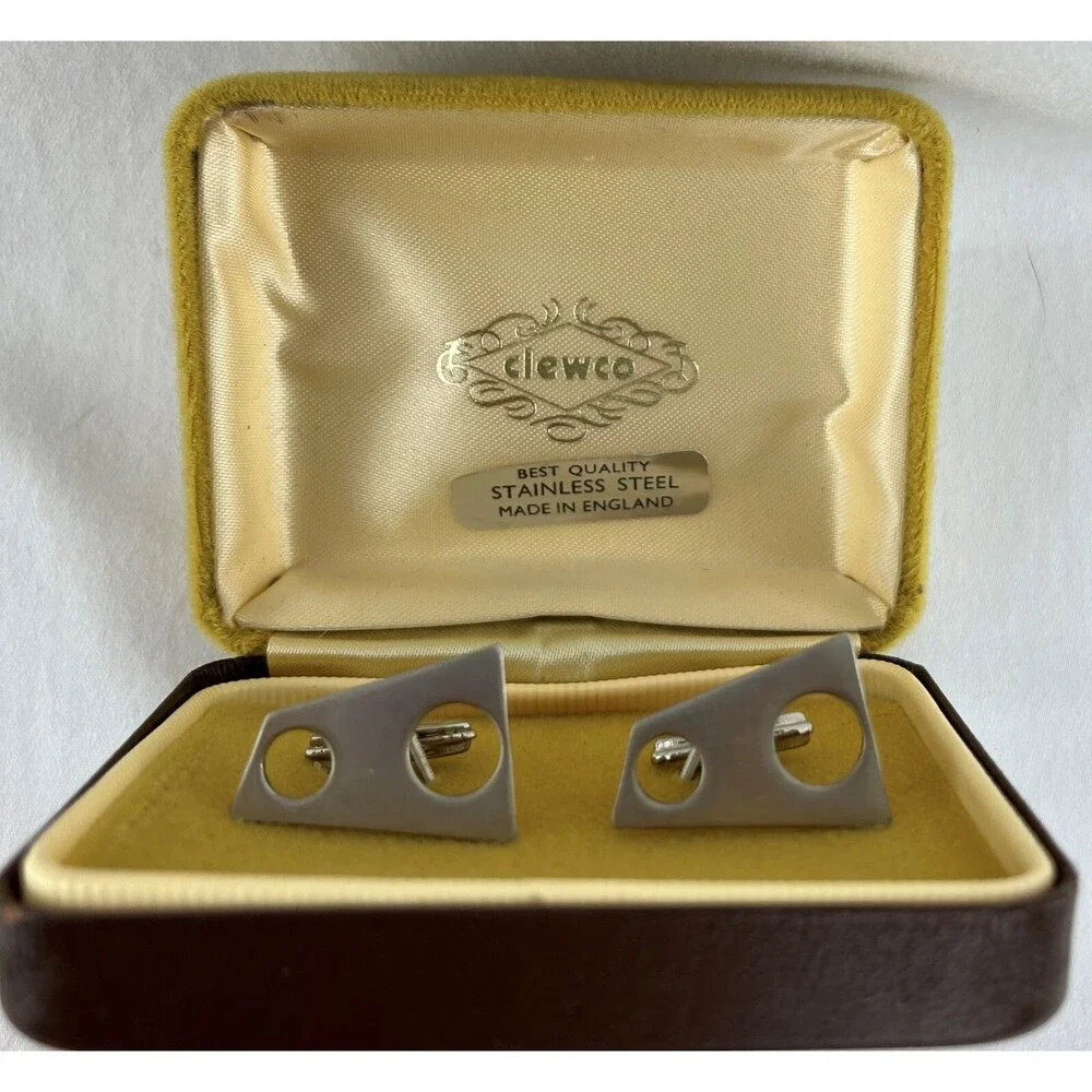 Vtg MCM Clewco Stainless Steel Cufflinks Shiny Silver Tone Geometric England NIB